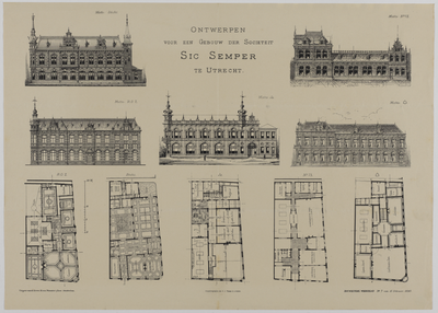 214897 Opstanden en plattegronden van diverse ontwerpen voor de te bouwen Sociëteit Sic Semper (Trans 19) te Utrecht.